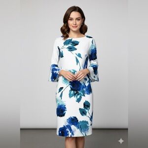 Calvin Klein floral bell-sleeve sheath dress white blue floral pattern
